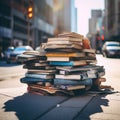 AI Generated. A stack of second-hand, tattered books and magazines on an asphalt road.