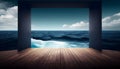A wooden floor with over imagination deep blue sea with a big wave in background.