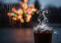 AI generated. Cozy Hot Chocolate by a Rainy Window with Festive Bokeh Lights Royalty Free Stock Photo