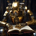 AI generated futuristic humanoid cyborg reading in library