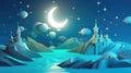 Illustration of Islamic Background with Mosque and Moon at Night, AI Generated