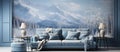 interior with blue sofa and snow covered mountains, 3d illustration Royalty Free Stock Photo
