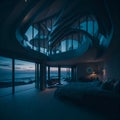 Ai generated a stunning ocean view from a bedroom with a unique spiral staircase Royalty Free Stock Photo