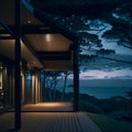 Ai generated a stunning oceanfront house with a spacious deck overlooking the water Royalty Free Stock Photo