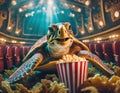 Sea turtle in underwater movie theater with popcorn
