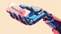 A stylized robotic hand holds a card labeled \
