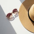 AI-Generated Summer Essentials: Sunglasses and Straw Hat on a Light Surface Royalty Free Stock Photo