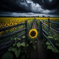 Ai generated a sunflower field with a wooden fence in the foreground