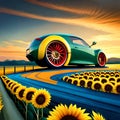 Car and sunflowers