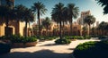 Ai generated a sunny courtyard surrounded by palm trees with a beautiful building in the background