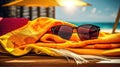 AI Generated Sunny Days Ahead Still Life with Sunglasses, Sunscreen, and Beach Towel