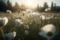 AI Generated Sunset Over Blooming white Poppy Field