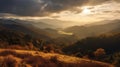 AI generated sunset over rolling hills and lush valleys