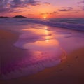 AI generated sunset over sea with water waves washing beach