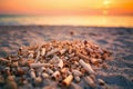 AI generated sunset view of a sandy beach with a pile of shells