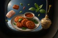 AI generated surreal Thai fish cakes with ingredients and golden ceramic container floating in zero gravity near space window with Royalty Free Stock Photo
