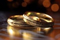 Wedding rings on a table with a bokeh background Royalty Free Stock Photo