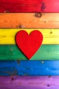 Red Heart On Rainbow Colored Wooden Background Representing Love And Inclusion Royalty Free Stock Photo