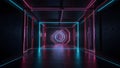 AI generated Symmetrical neon light framework extending into a deep perspective, ideal for digital visualization, abstract backdro Royalty Free Stock Photo