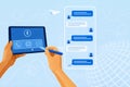 AI generated tablet with stylus displaying chat interface voice call icons and global connection lines representing online Royalty Free Stock Photo