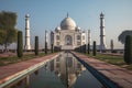 AI generated Taj Mahal and its spires in a still water pool