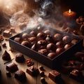 AI generated of tasty chocolates in a box, a candle with flame and smoke Royalty Free Stock Photo