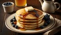 AI generated of tasty and fluffy pancake stack with maple syrup butter and blue berries Royalty Free Stock Photo