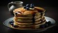 AI generated of tasty and fluffy pancake stack with maple syrup butter and blue berries Royalty Free Stock Photo