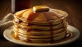 AI generated of tasty and fluffy pancake stack with maple syrup butter and blue berries Royalty Free Stock Photo