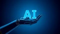 Futuristic Robotic Hand Holding Glowing AI Letters In A Blue Digital Technology Environment Royalty Free Stock Photo