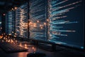 AI generated technology illustration showing multiple monitors with glowing programming code and data streams representing Royalty Free Stock Photo