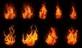 Ai generated texture of fire on a black background, fire flame, burning fire on a dark area, fire background, fire frame, fire fla