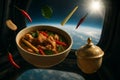 AI generated Thai Tom Saap soup floating in zero gravity with herbs and spices drifting around surreal view of Earth from space Royalty Free Stock Photo