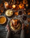 Thanksgiving dinner with roasted turkey, mashed potatoes, pumpkin pie, wine, and autumn decorations creating warm festive Royalty Free Stock Photo