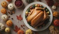 thanksgiving dinner with turkey, pumpkins and other vegetables