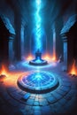 There is a room made of stone, and a blue flames on a shining magic circle by AI Generated