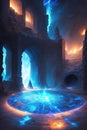 There is a room made of stone, and a blue flames on a shining magic circle by AI Generated