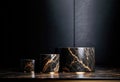 Ai generated.Three circle podium for the presentation of the product is made of black marble with gold veins . Black