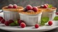 Three creme brulee servings, topped with raspberries, mint, and chocolate, in white ceramic ramekins. Royalty Free Stock Photo
