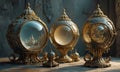 Three ornate glass balls, each with a different design, sit on a table.