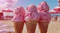 AI Generated. Three waffle cones with bright pink ice cream.