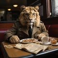 AI generated tiger dressed in a police uniform sitting and table in restaurant