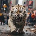 AI generated tiger running through a busy city street,