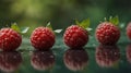 A tight shot of several raspberries One berry is crowned by a green leaf.
