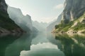 AI generated tranquil lake surrounded by green mountains
