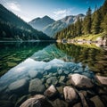 AI generated tranquil lake surrounded by trees