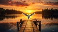 AI generated Tranquil Twilight: Serene Lake with Swan and Hawk at Sunset Royalty Free Stock Photo