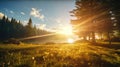 AI Generated Landscape shot with magical lens flare and bokeh illumination Royalty Free Stock Photo