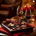 AI generated tray filled with an assortment of chocolates and two glasses of red wine