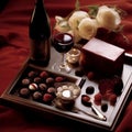 AI generated tray filled with an assortment of chocolates and two glasses of red wine